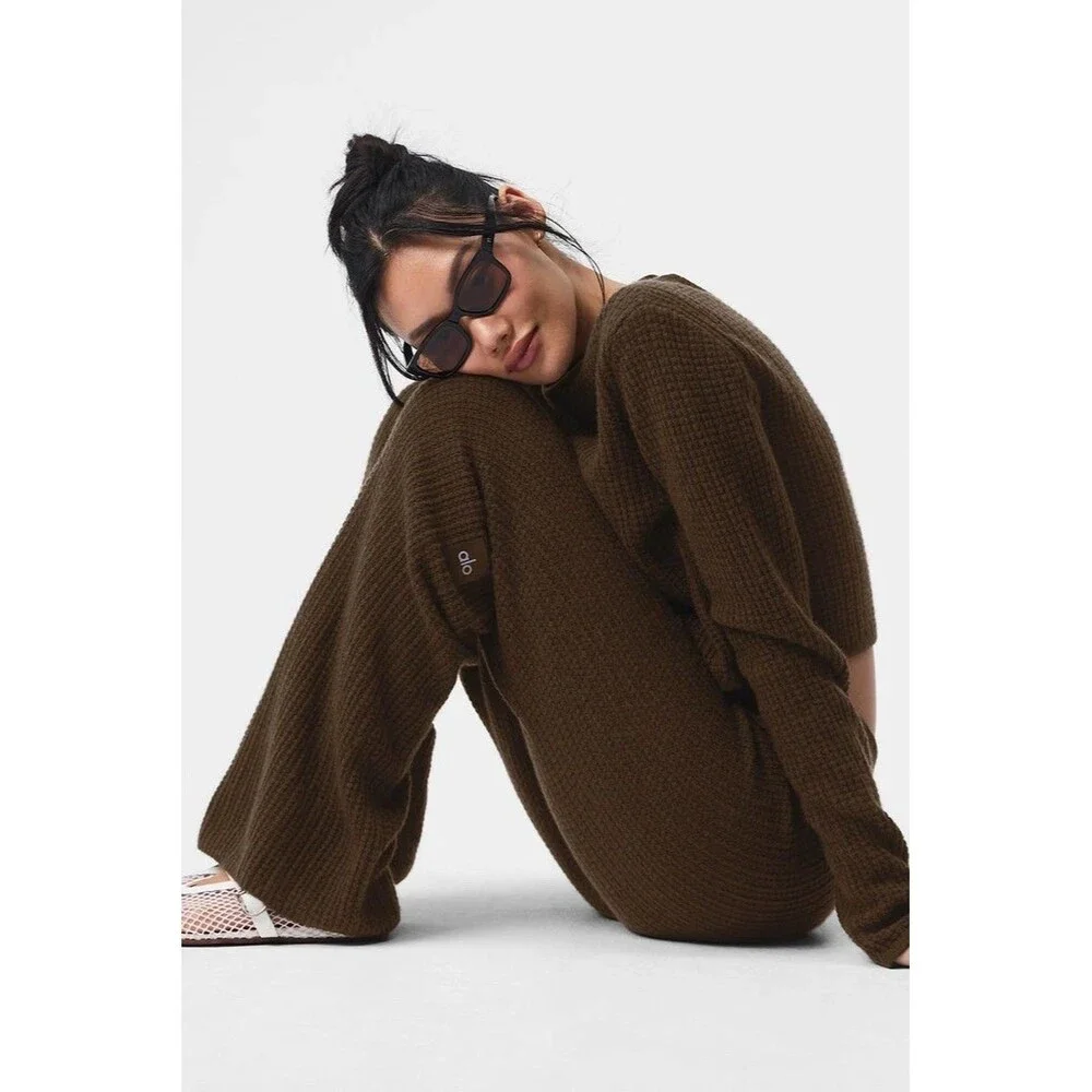 Alo Yoga Cashmere High-Waist Plush Waffle Knit Pants Sz L Espresso Brown Lounge